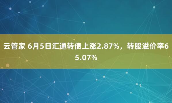 云管家 6月5日汇通转债上涨2.87%，转股溢价率65.07%